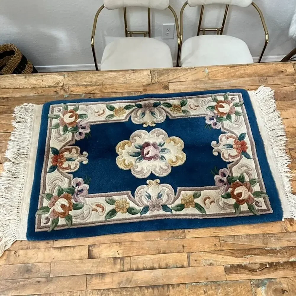 Blue Chinese Hand Knotted Aubusson Wool Rug 39